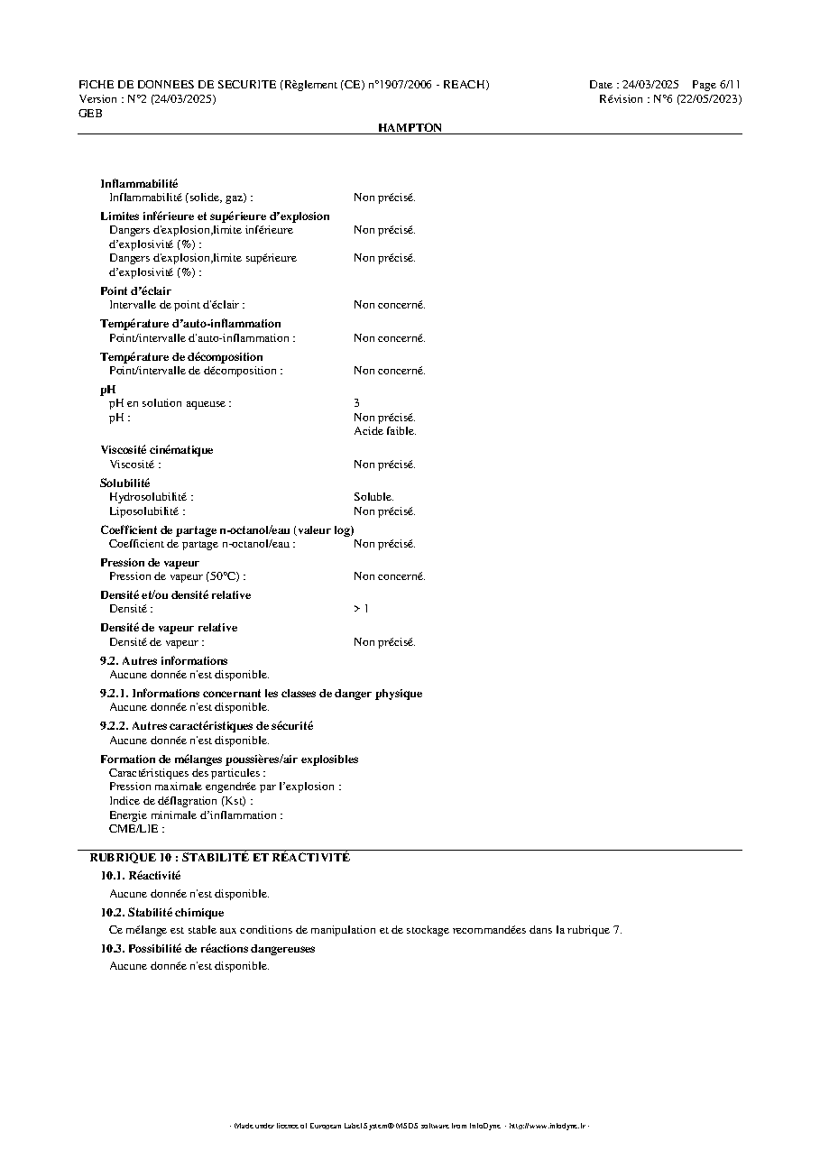 Fiche technique fournisseur