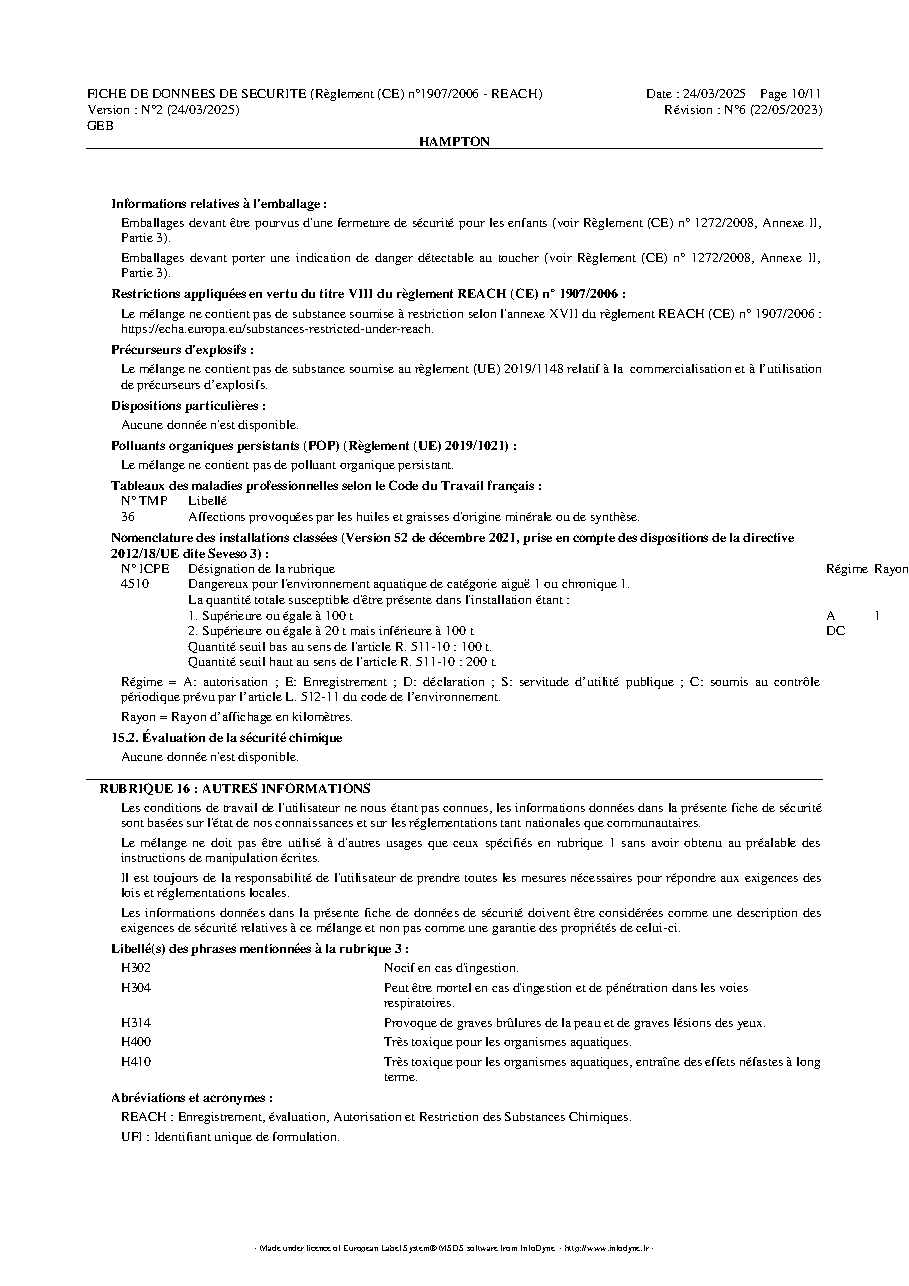 Fiche technique fournisseur