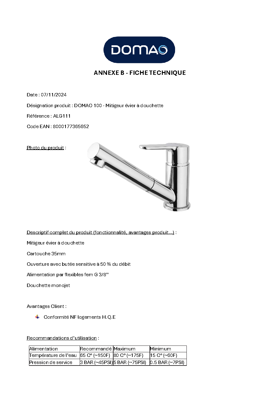 Fiche technique fournisseur