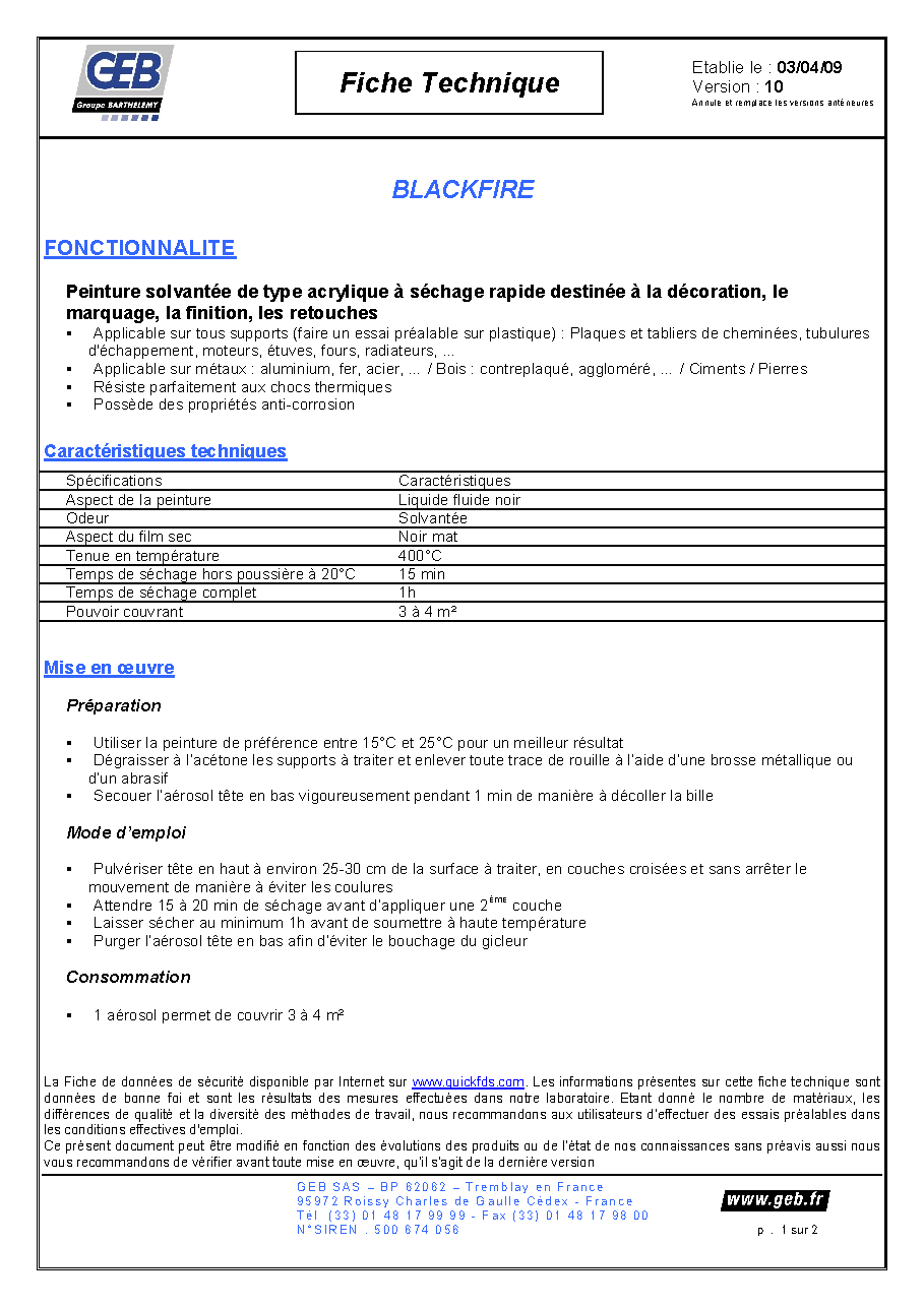 Fiche technique fournisseur