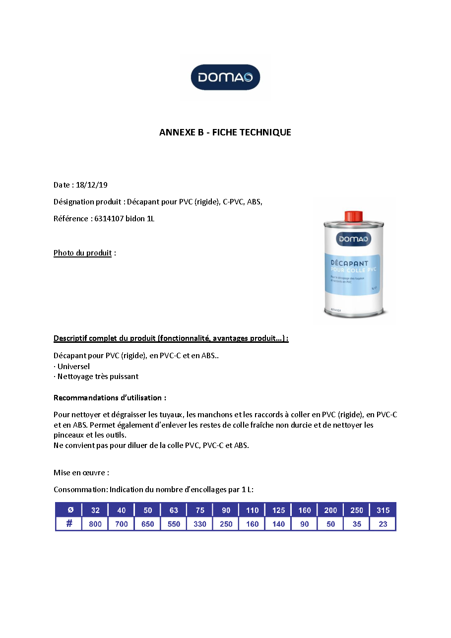 Fiche technique fournisseur