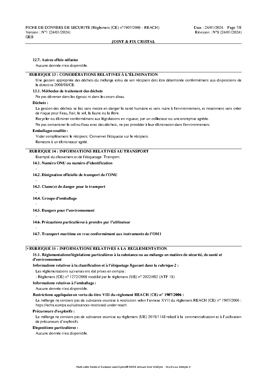 Fiche technique fournisseur