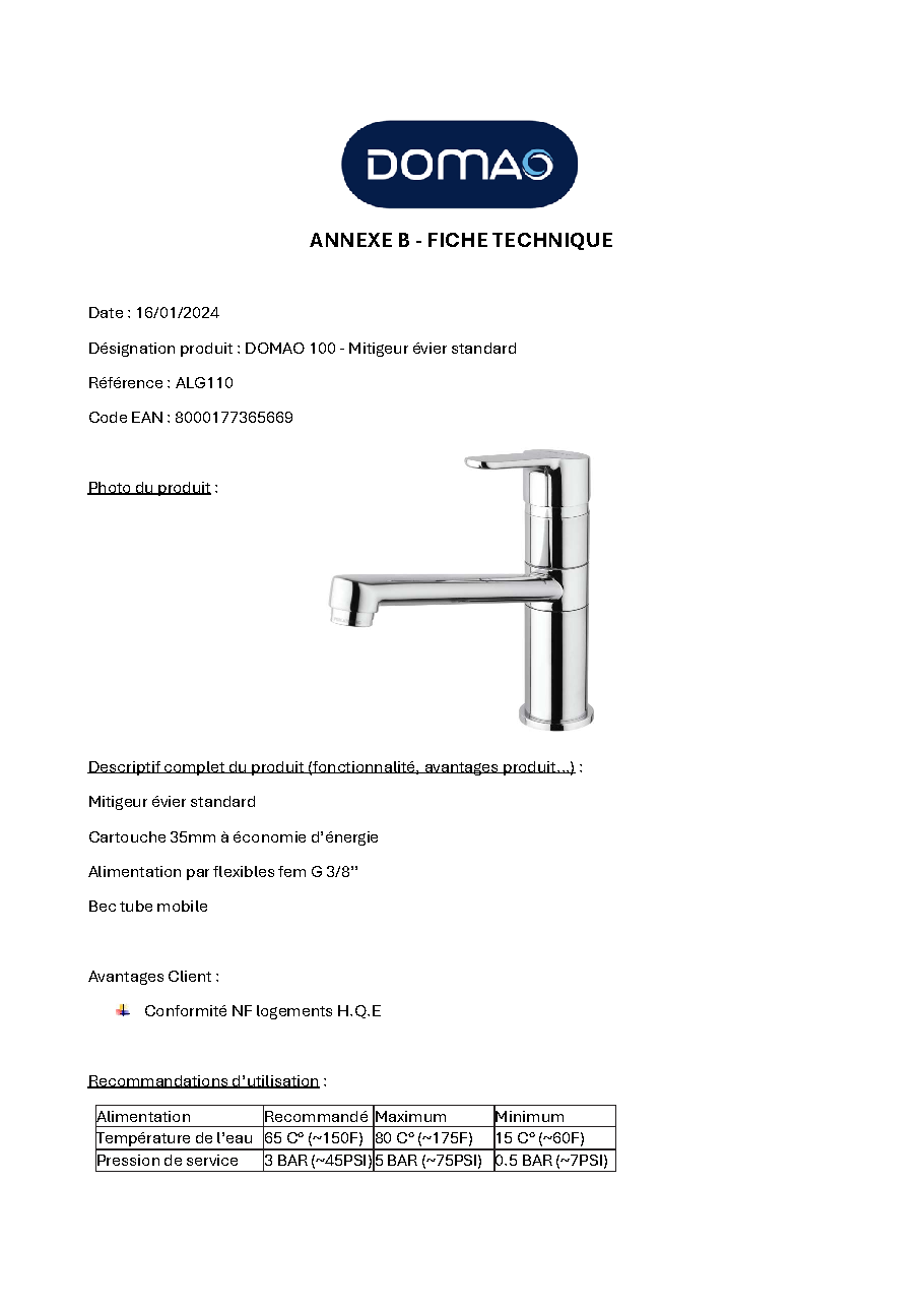 Fiche technique fournisseur