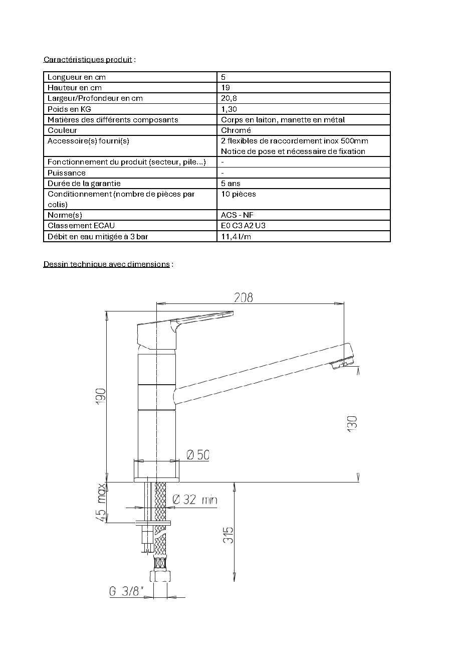 Fiche technique fournisseur