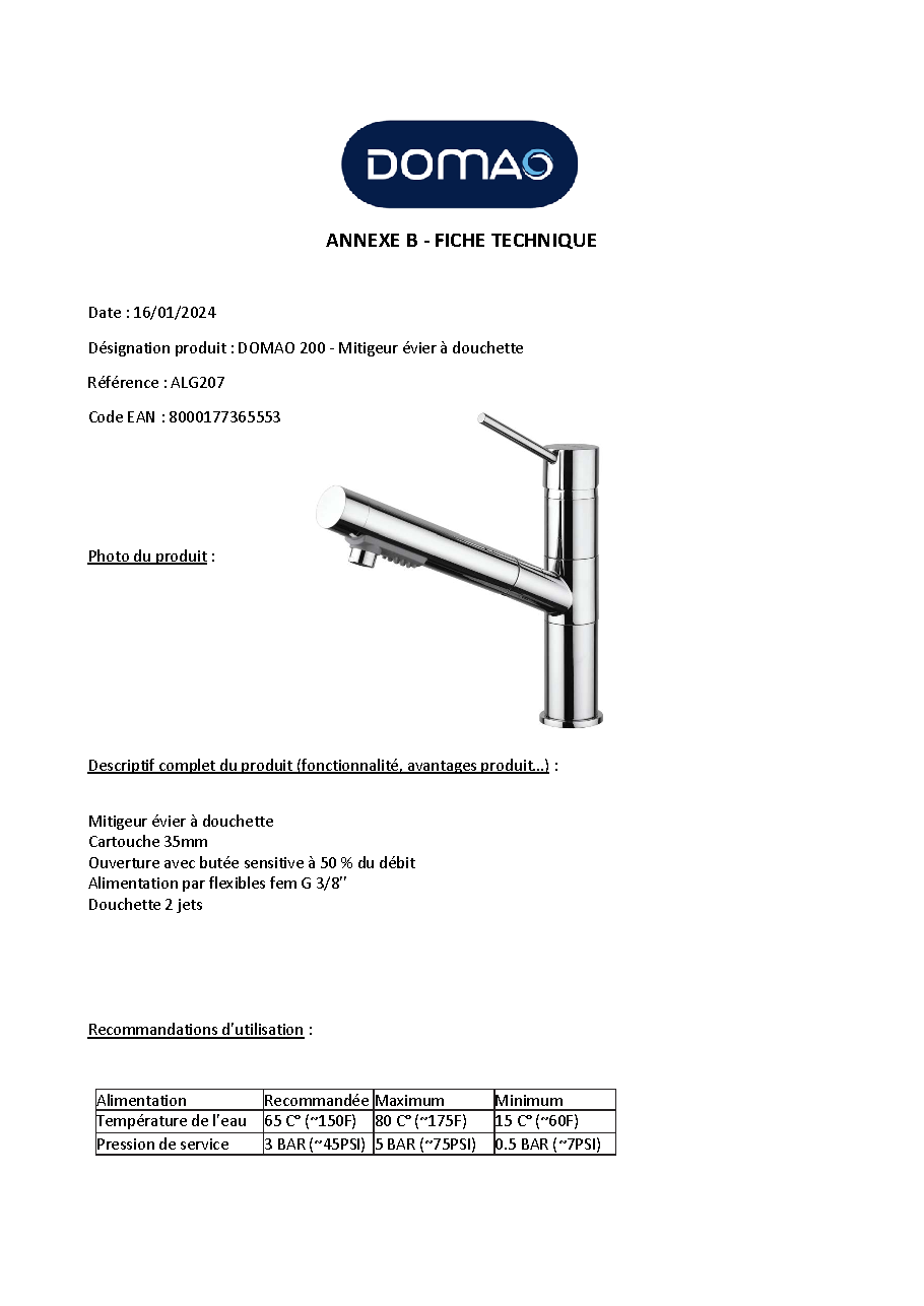 Fiche technique fournisseur
