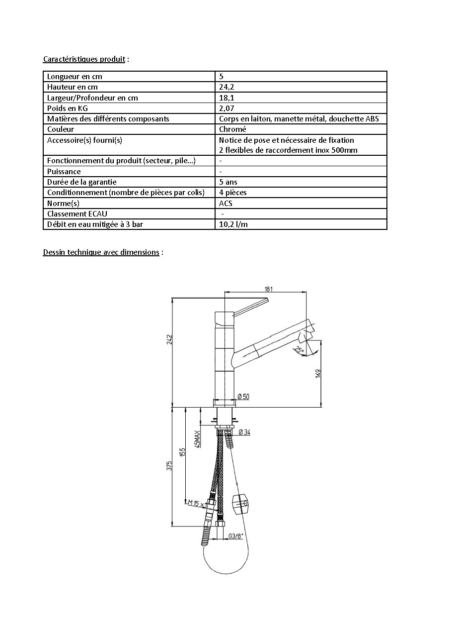 Fiche technique fournisseur