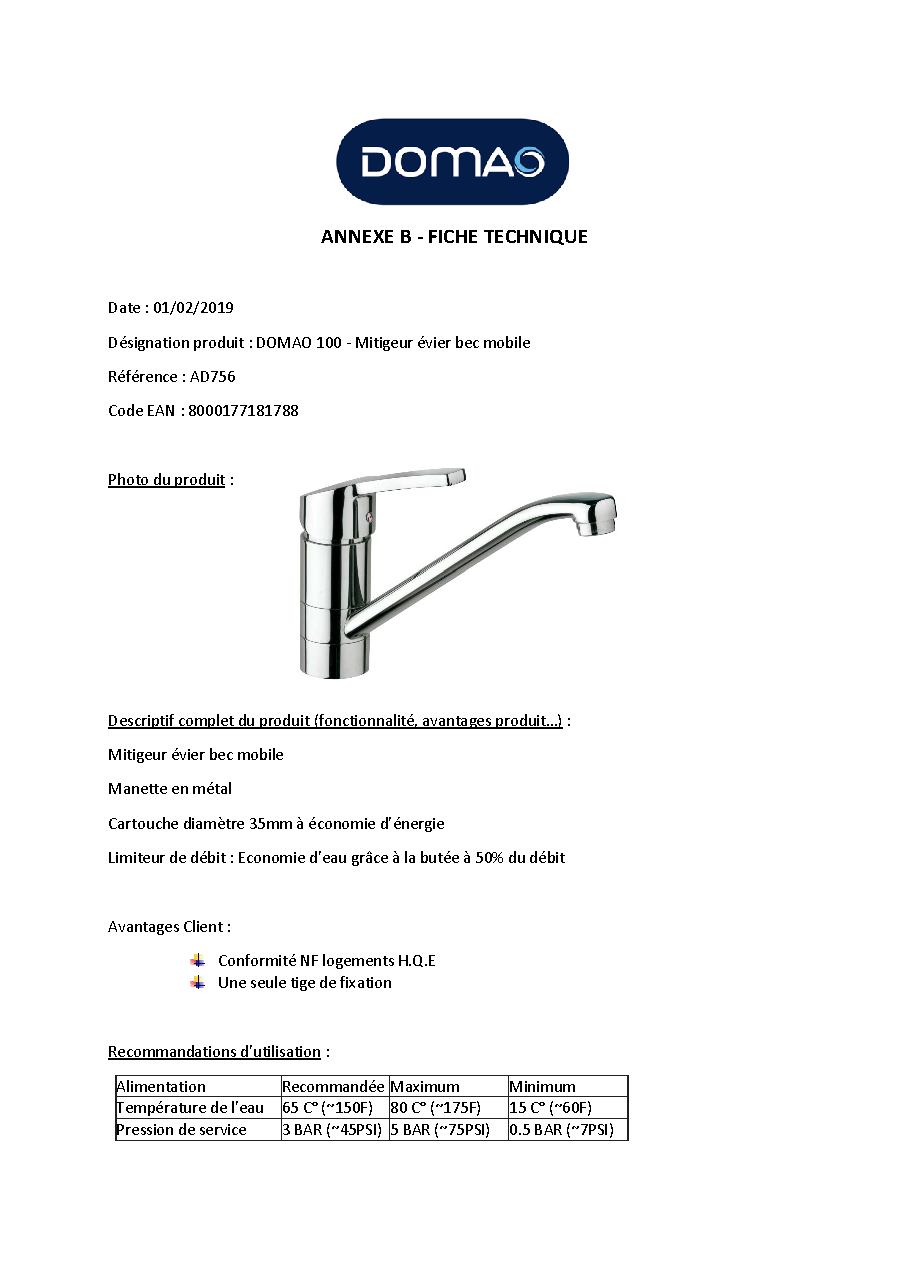 Fiche technique fournisseur