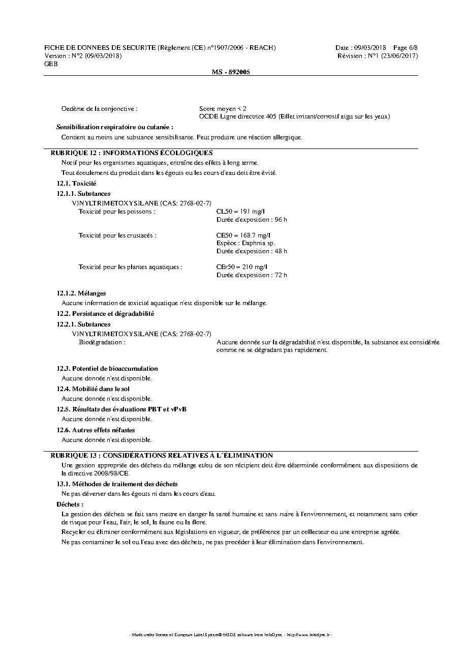 Fiche technique fournisseur