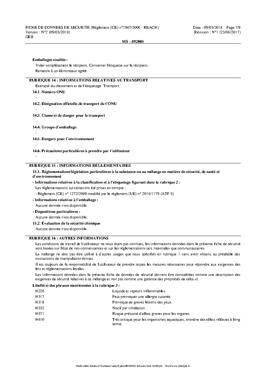 Fiche technique fournisseur