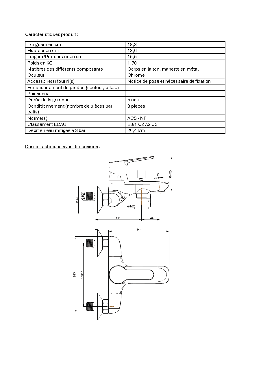 Fiche technique fournisseur