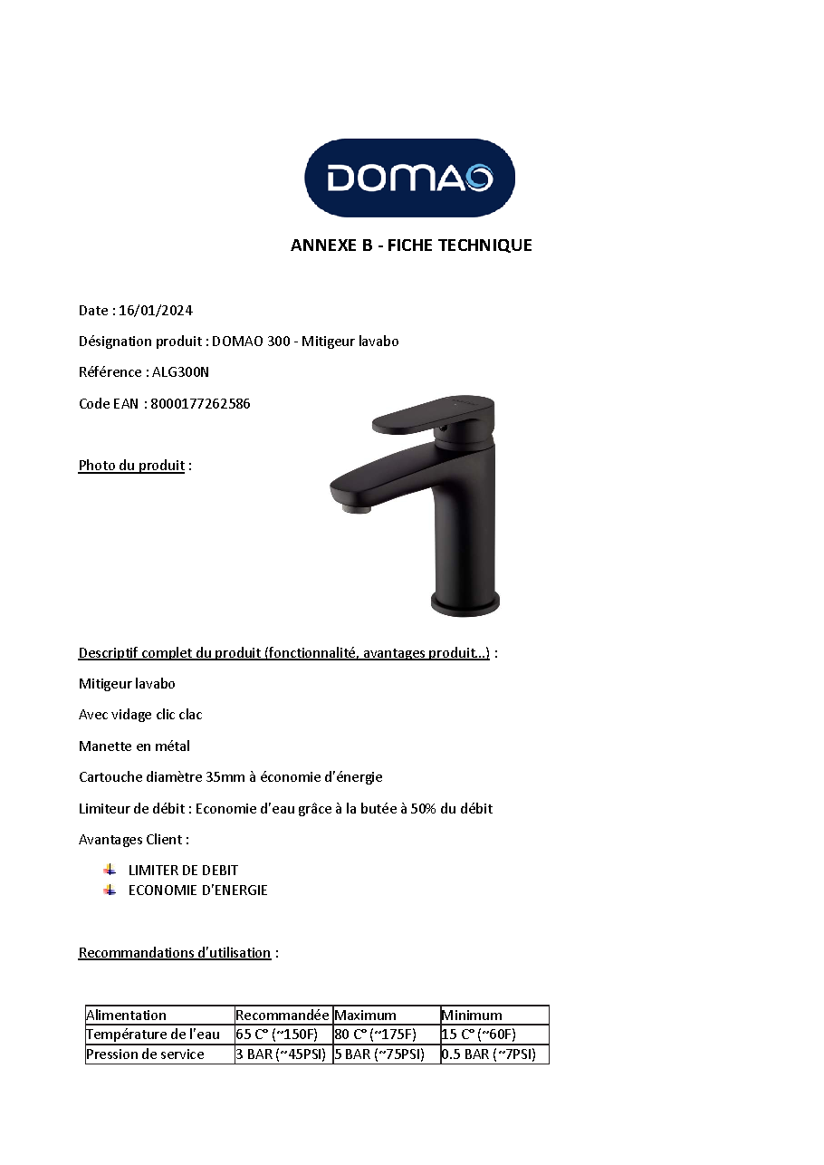 Fiche technique fournisseur