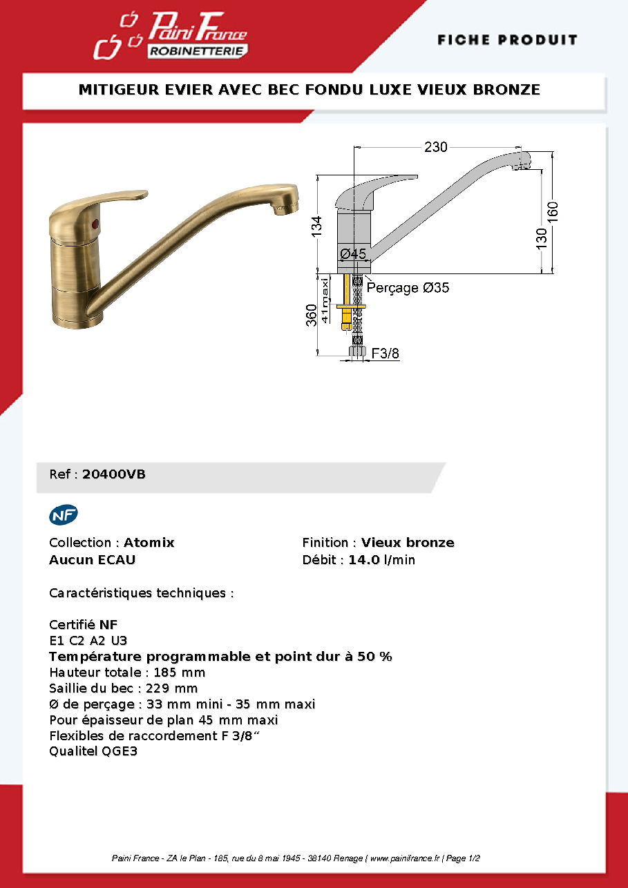 Fiche technique fournisseur
