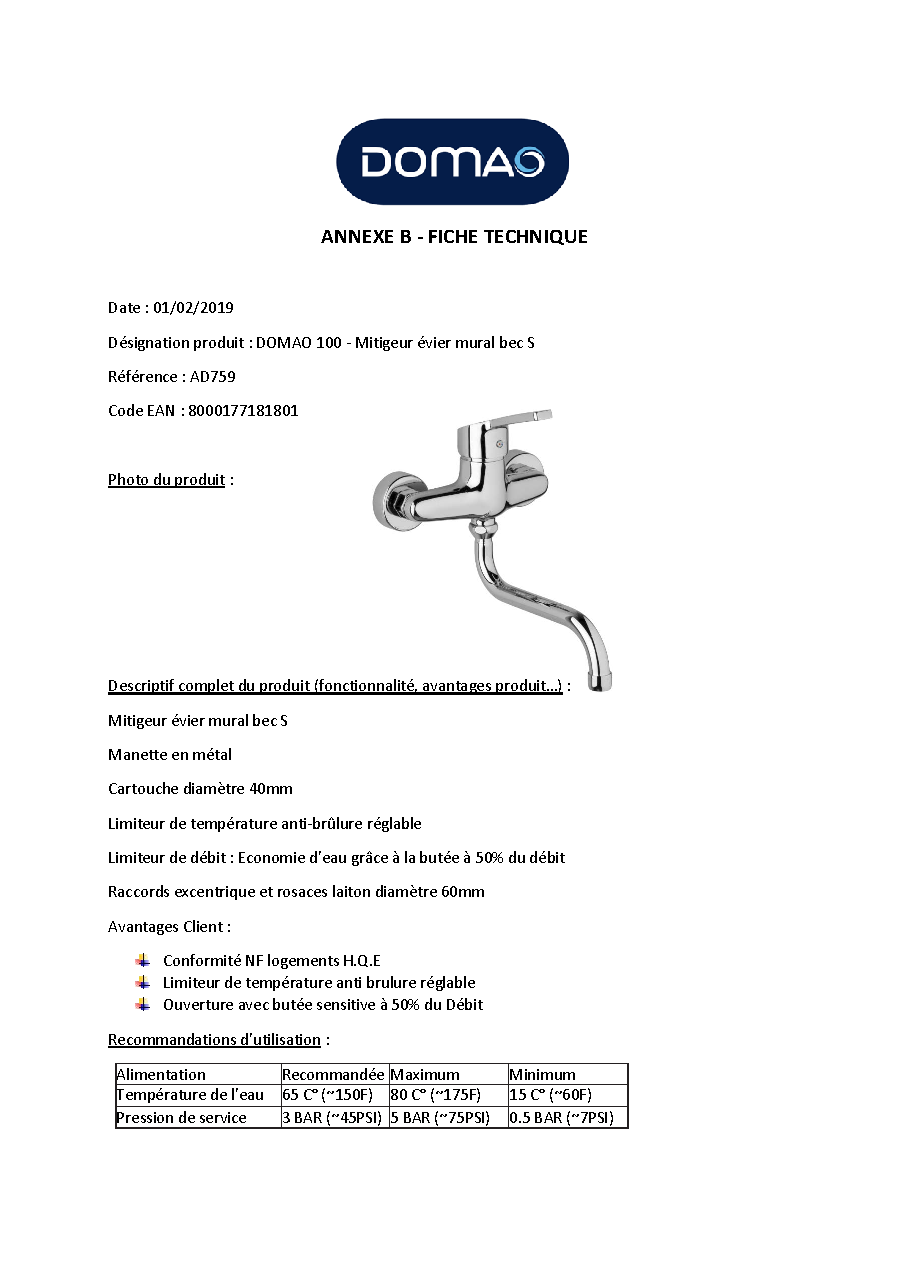 Fiche technique fournisseur