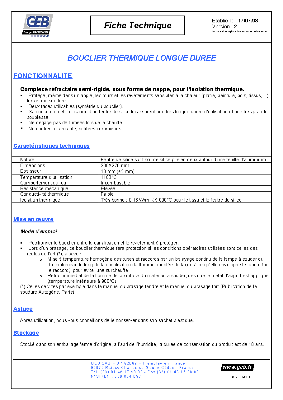 Fiche technique fournisseur