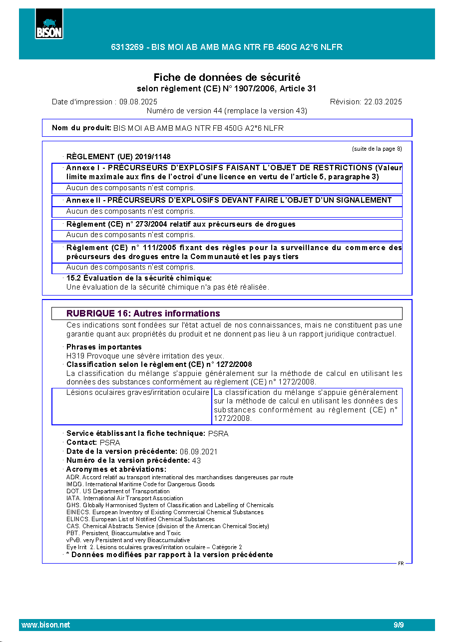 Fiche technique fournisseur