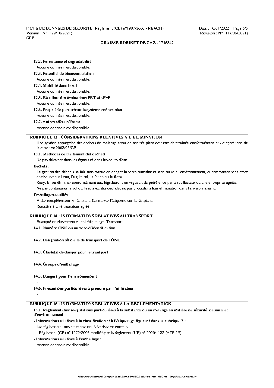 Fiche technique fournisseur