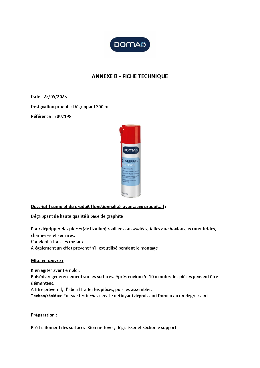 Fiche technique fournisseur