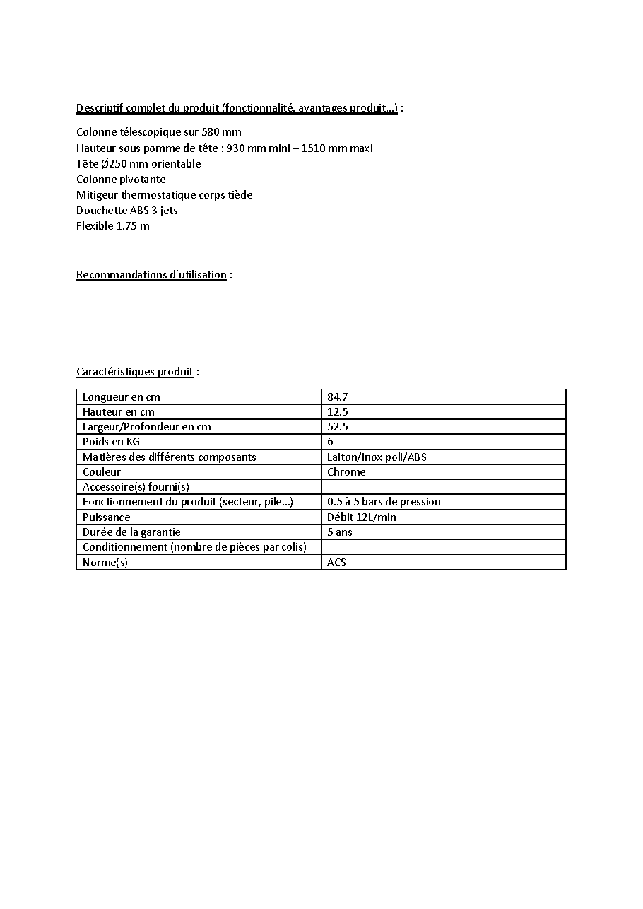 Fiche technique fournisseur