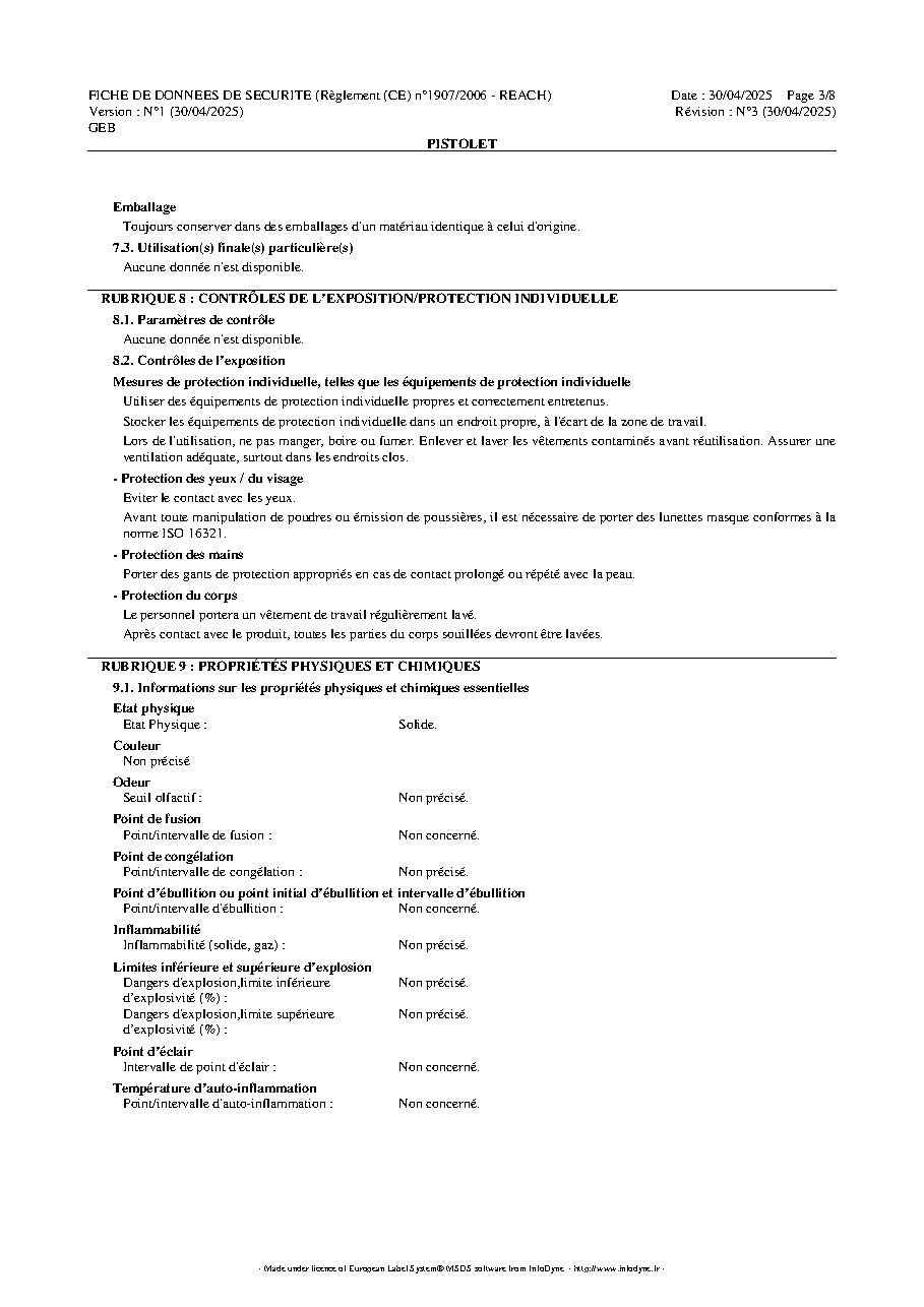 Fiche technique fournisseur