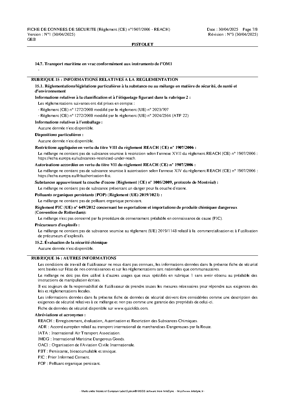 Fiche technique fournisseur