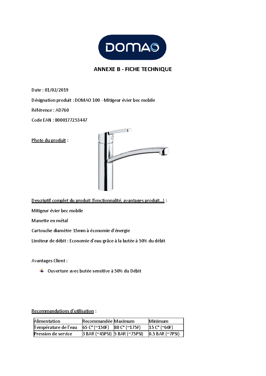 Fiche technique fournisseur