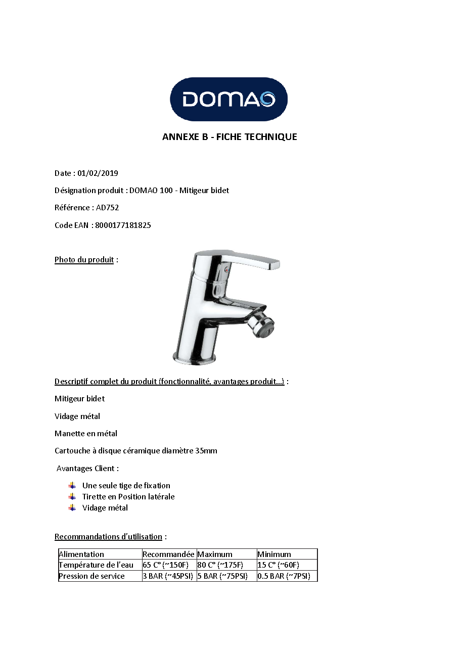 Fiche technique fournisseur
