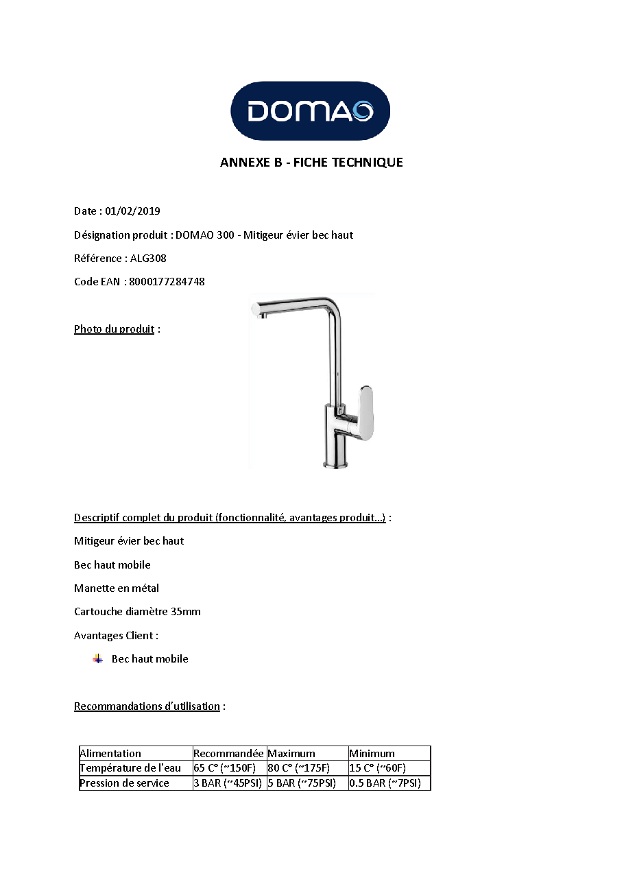 Fiche technique fournisseur