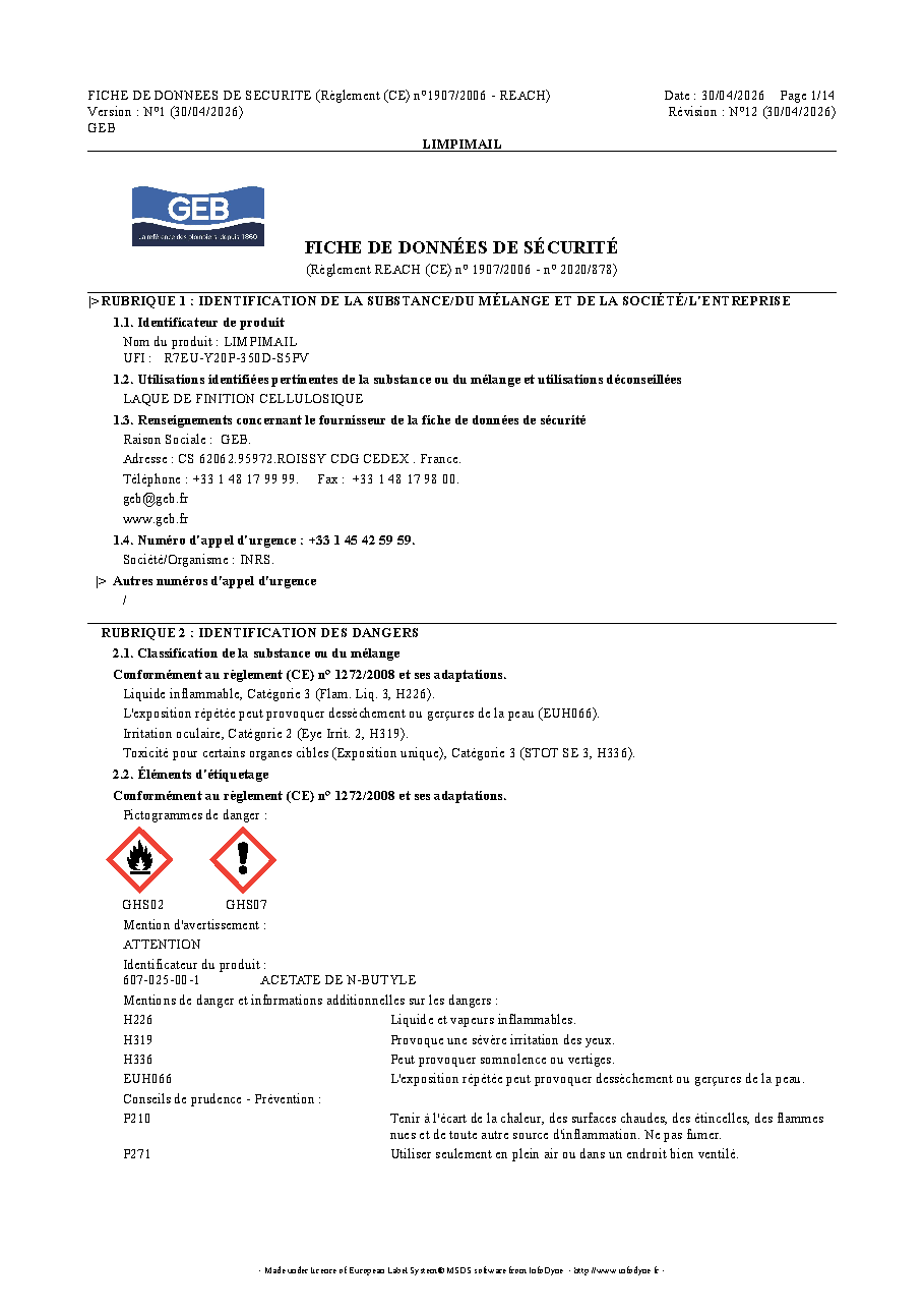 Fiche technique fournisseur
