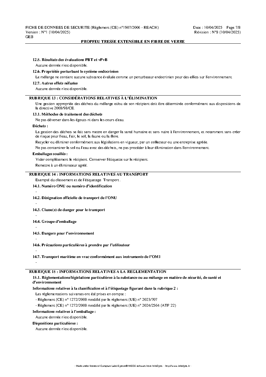Fiche technique fournisseur