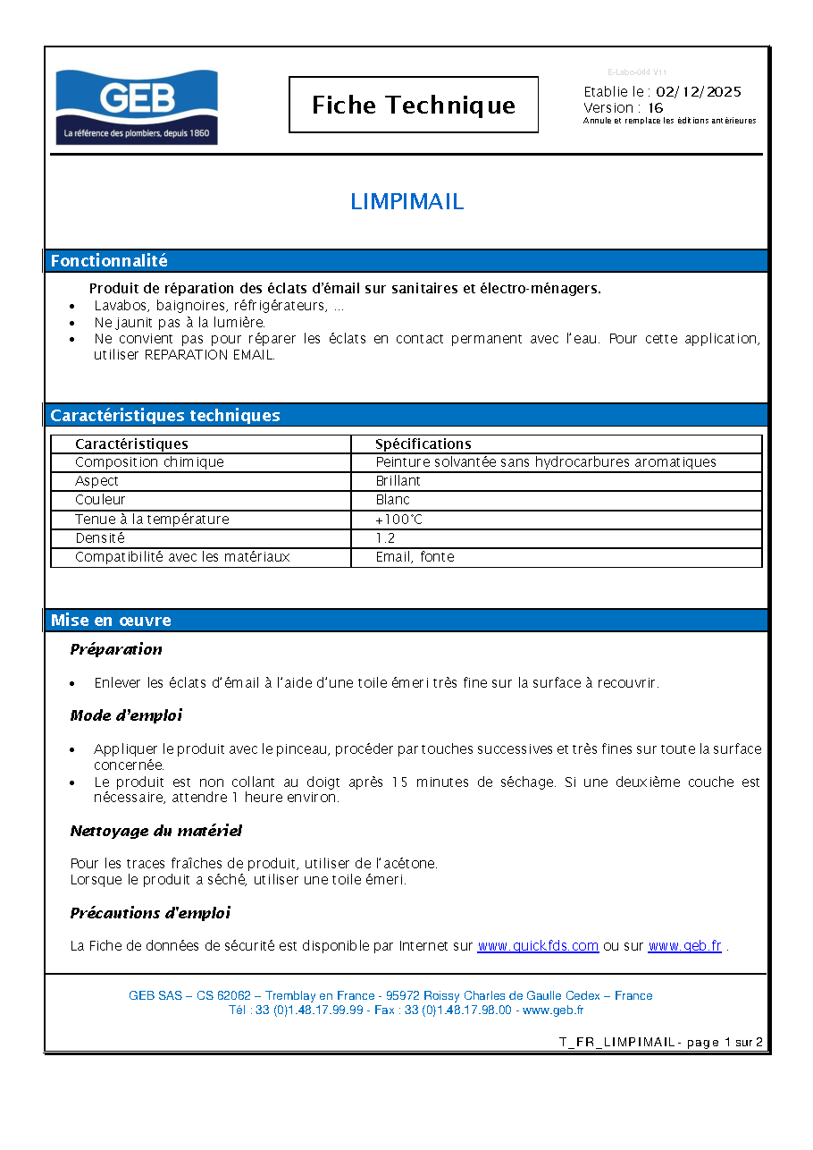 Fiche technique fournisseur