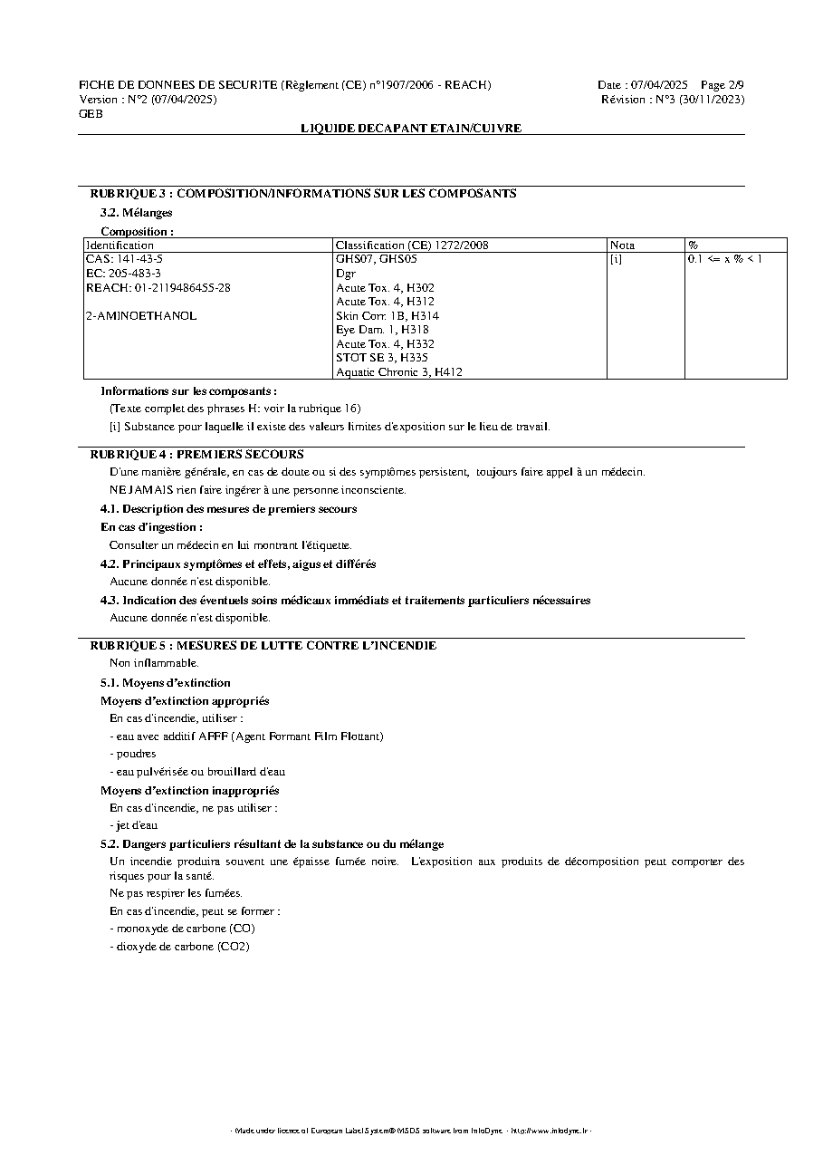 Fiche technique fournisseur
