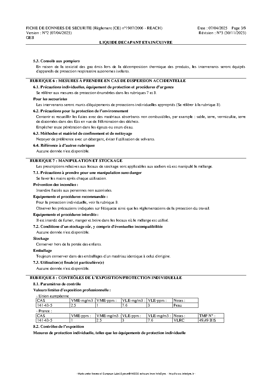 Fiche technique fournisseur