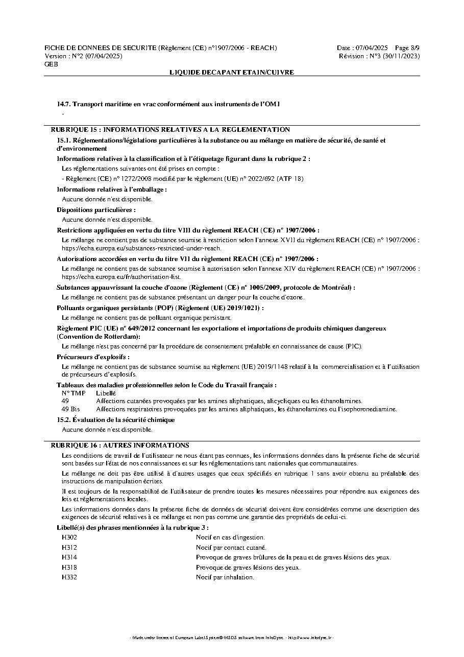 Fiche technique fournisseur