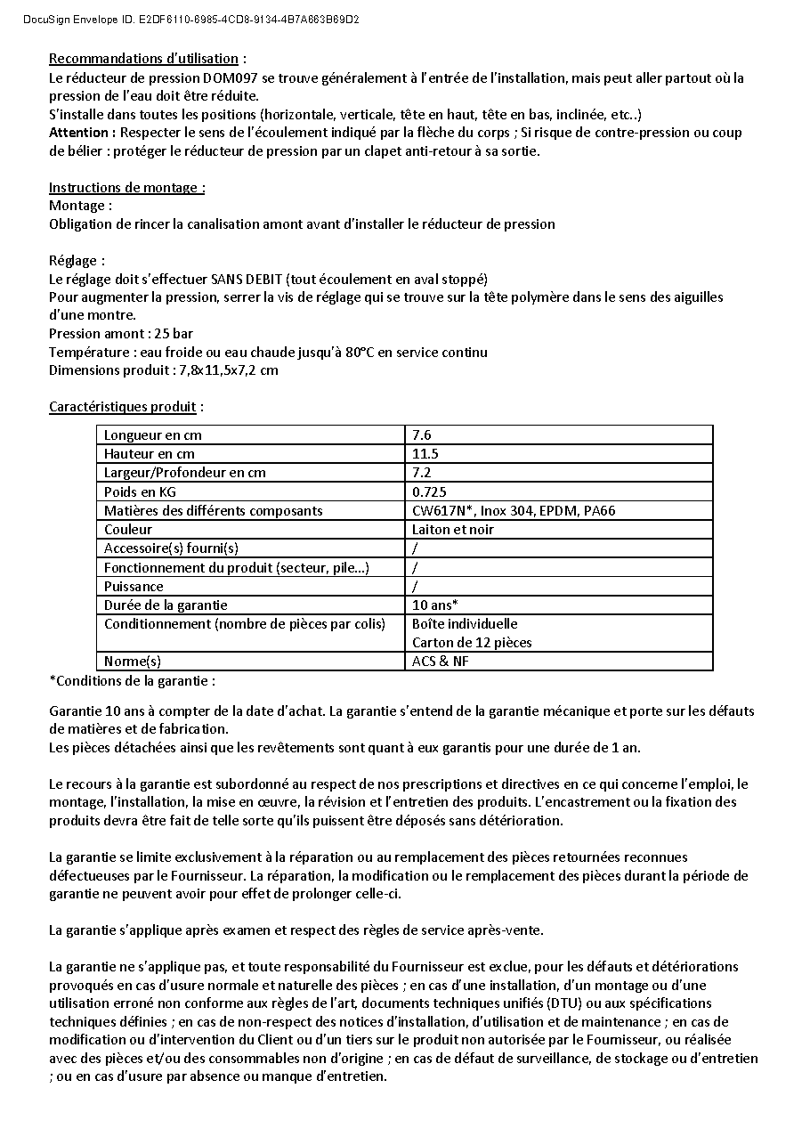Fiche technique fournisseur