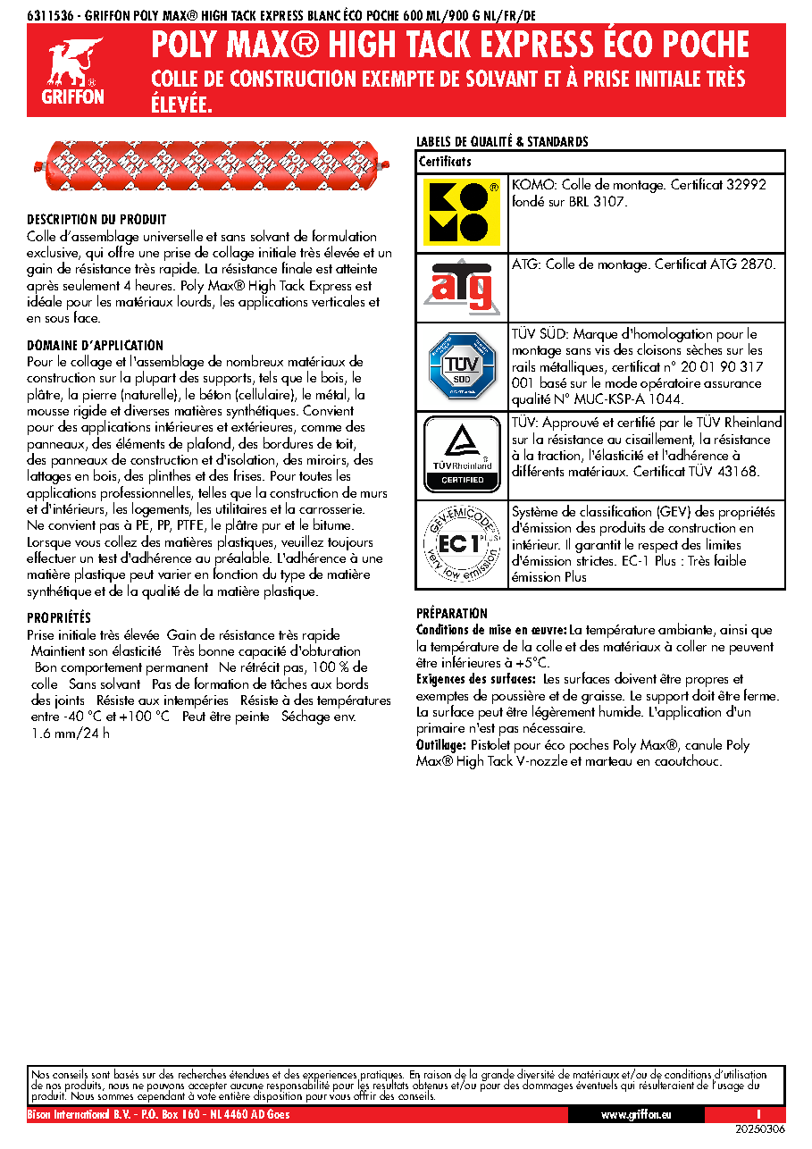 Fiche technique fournisseur