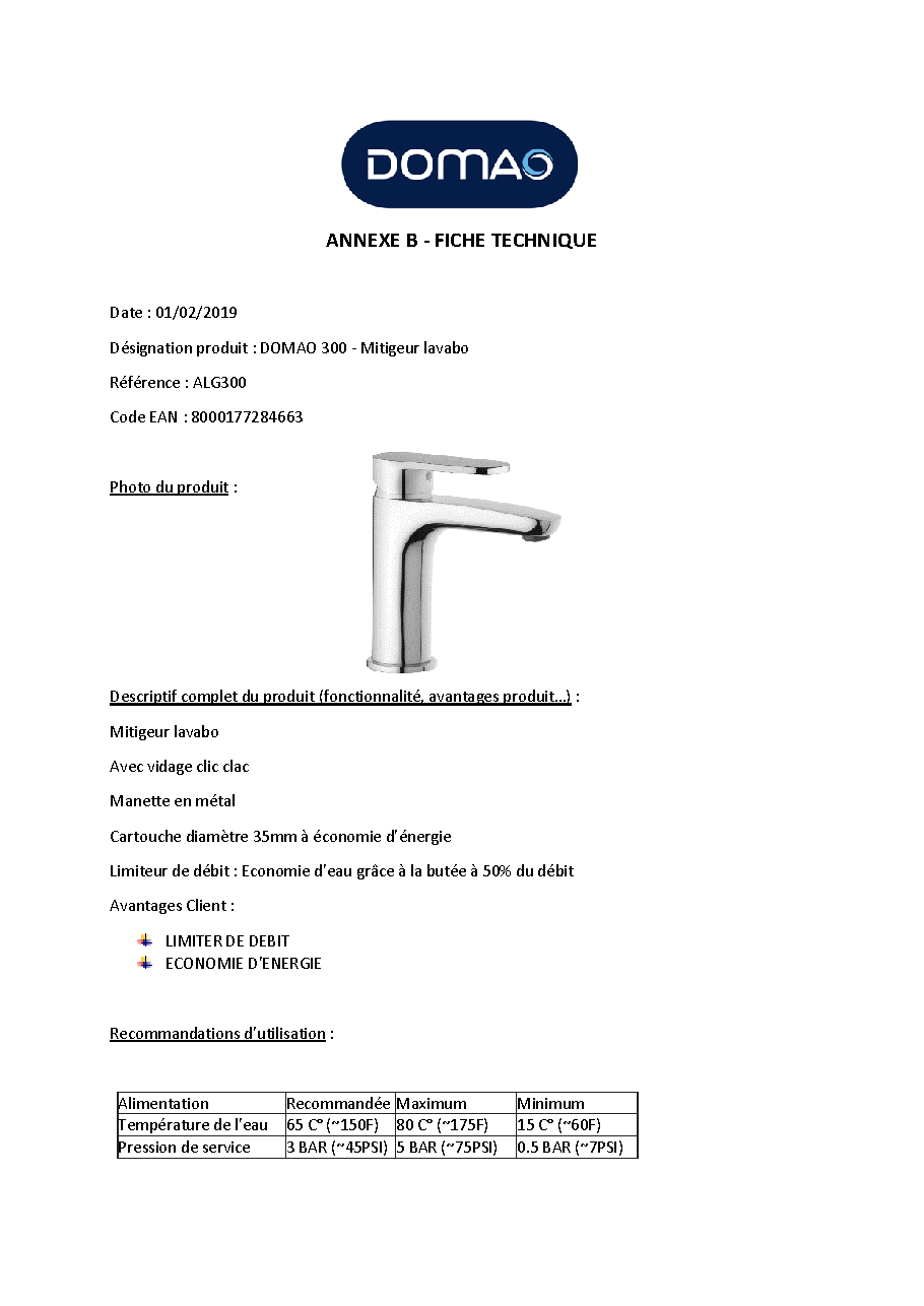 Fiche technique fournisseur