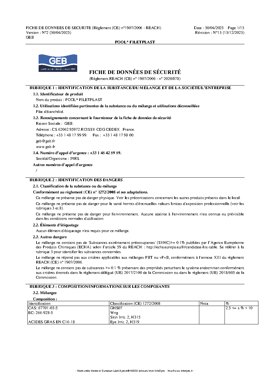 Fiche technique fournisseur