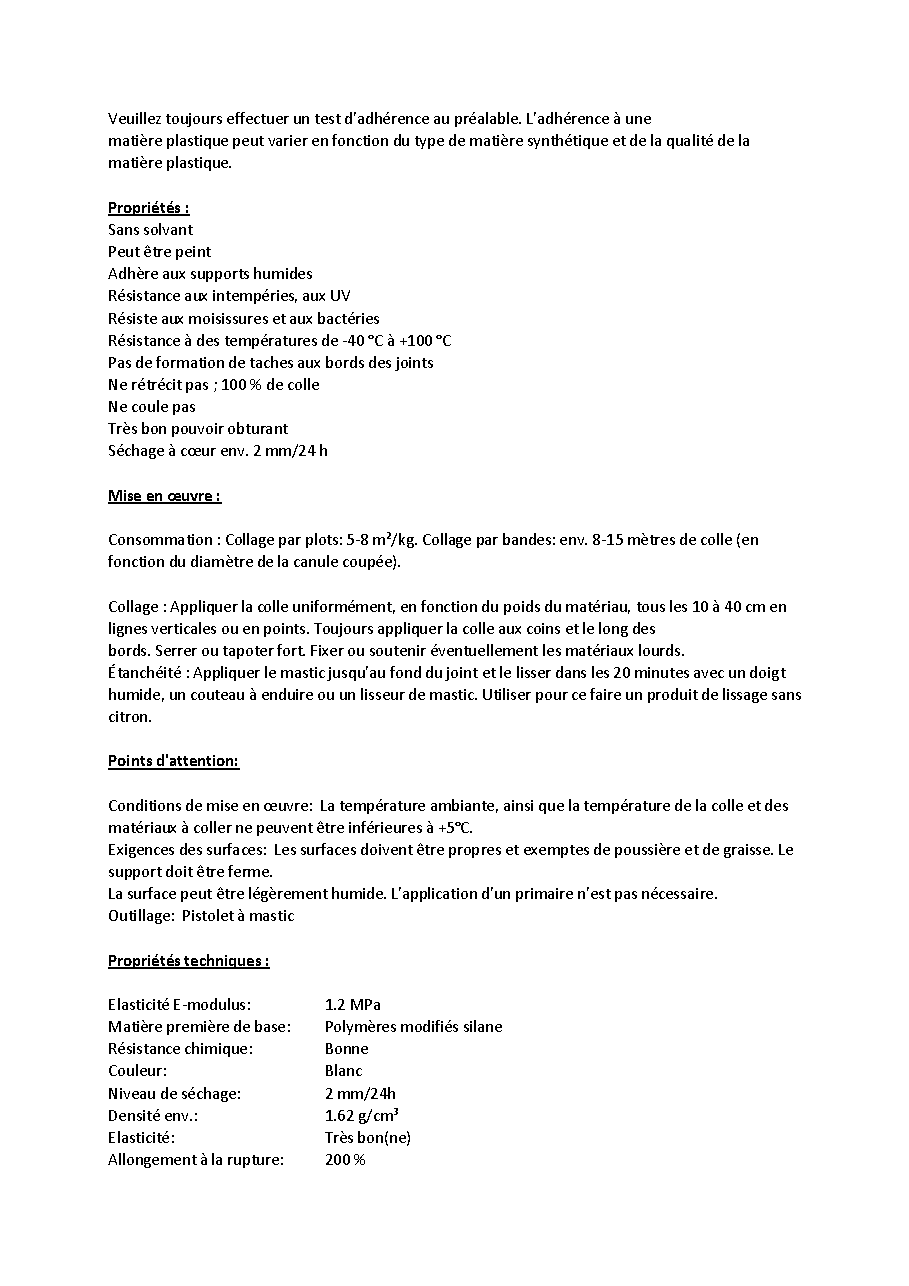 Fiche technique fournisseur