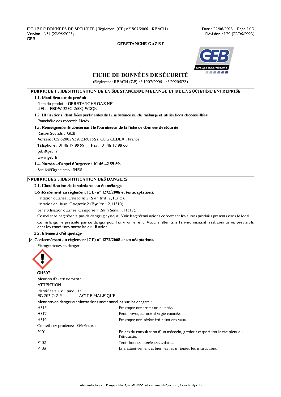 Fiche technique fournisseur
