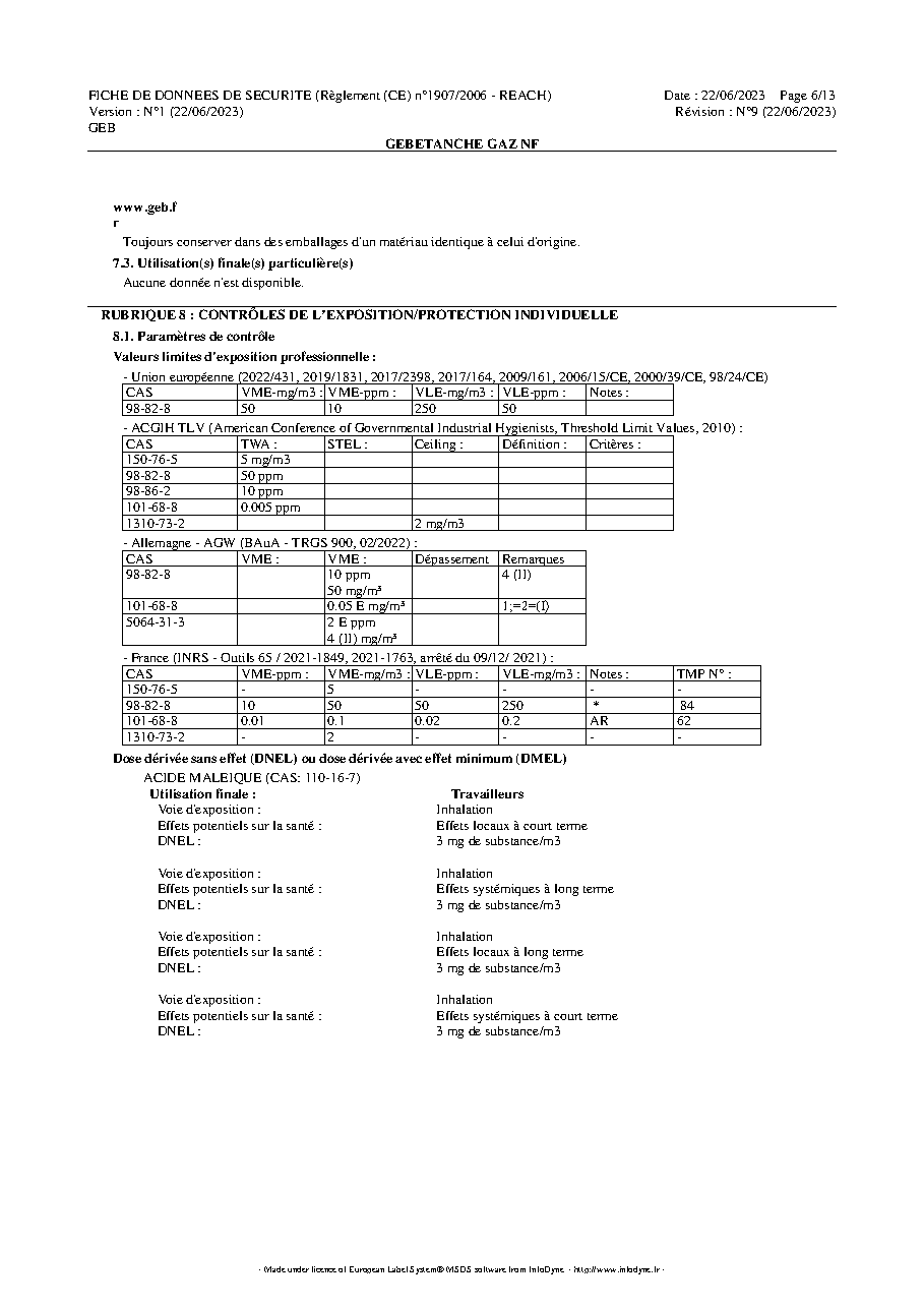 Fiche technique fournisseur