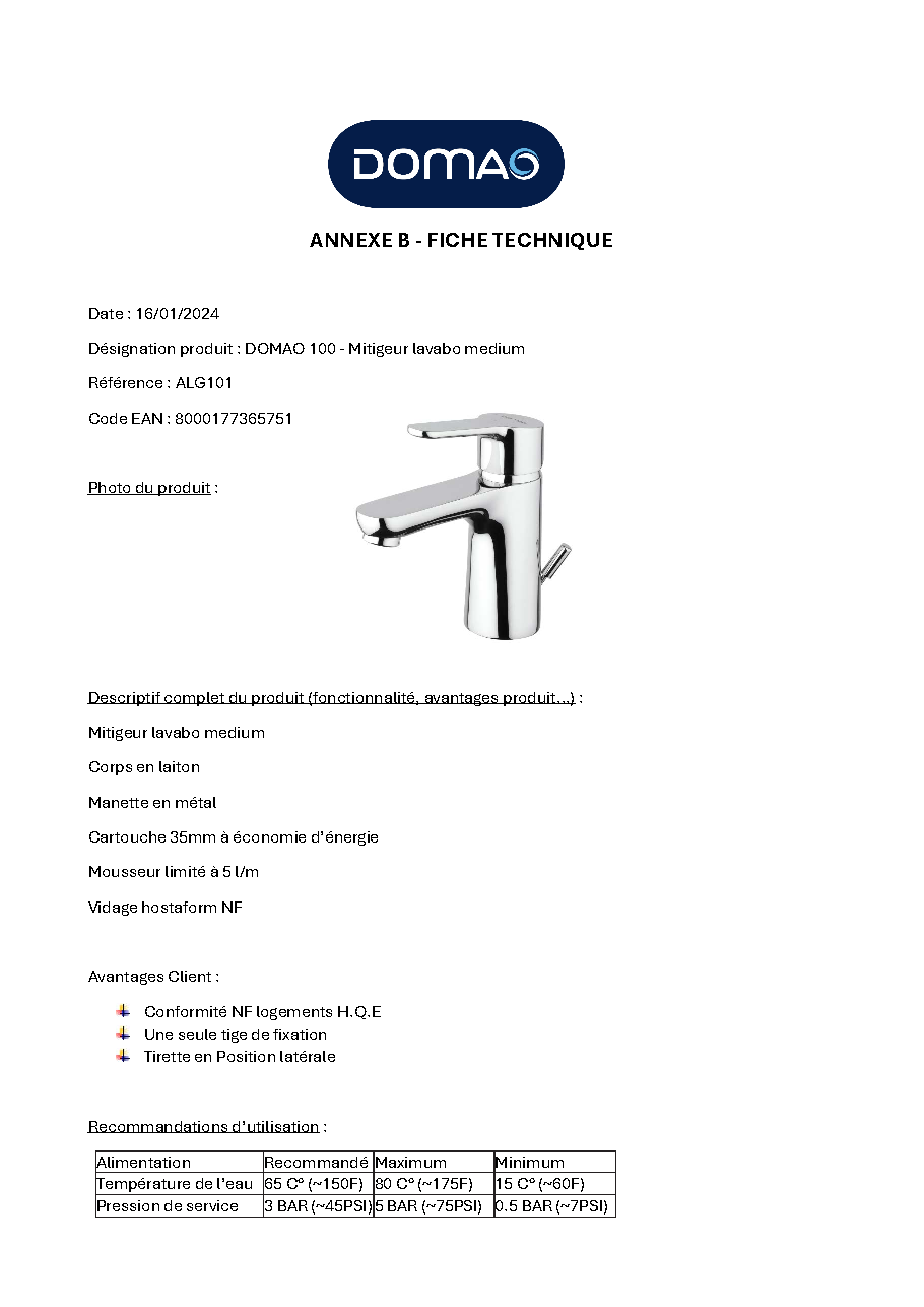 Fiche technique fournisseur