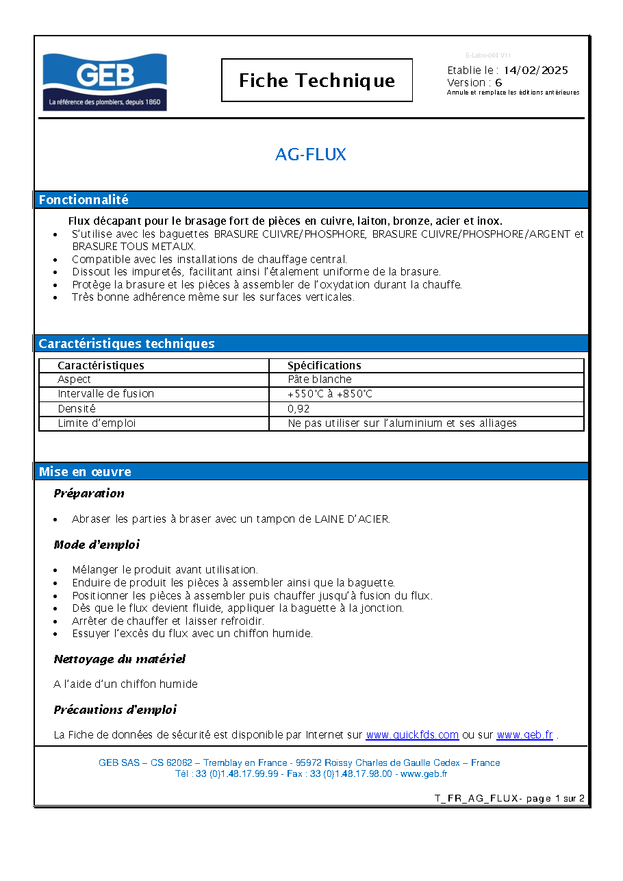 Fiche technique fournisseur