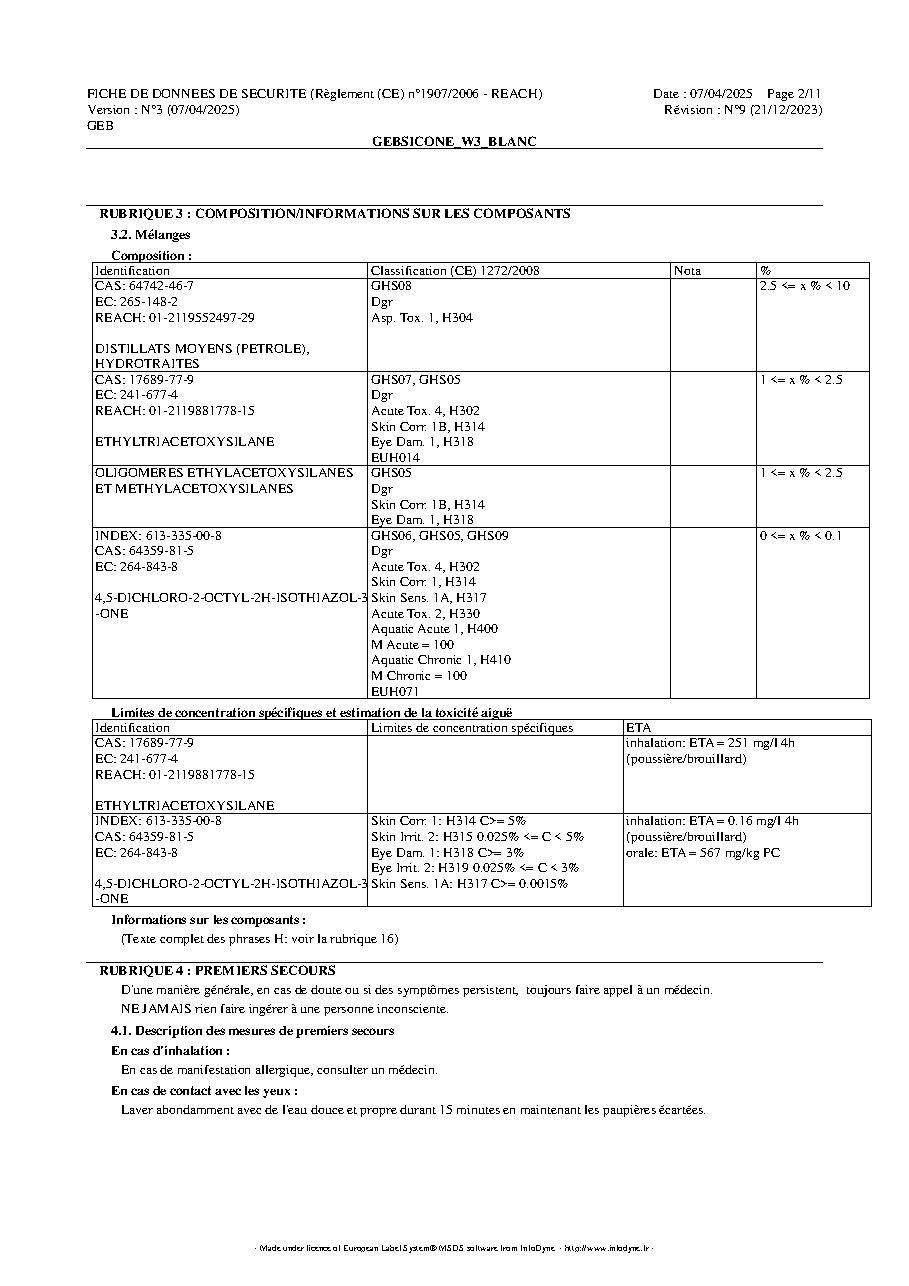 Fiche technique fournisseur