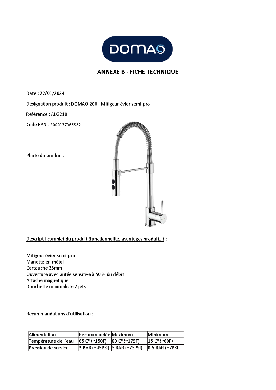 Fiche technique fournisseur
