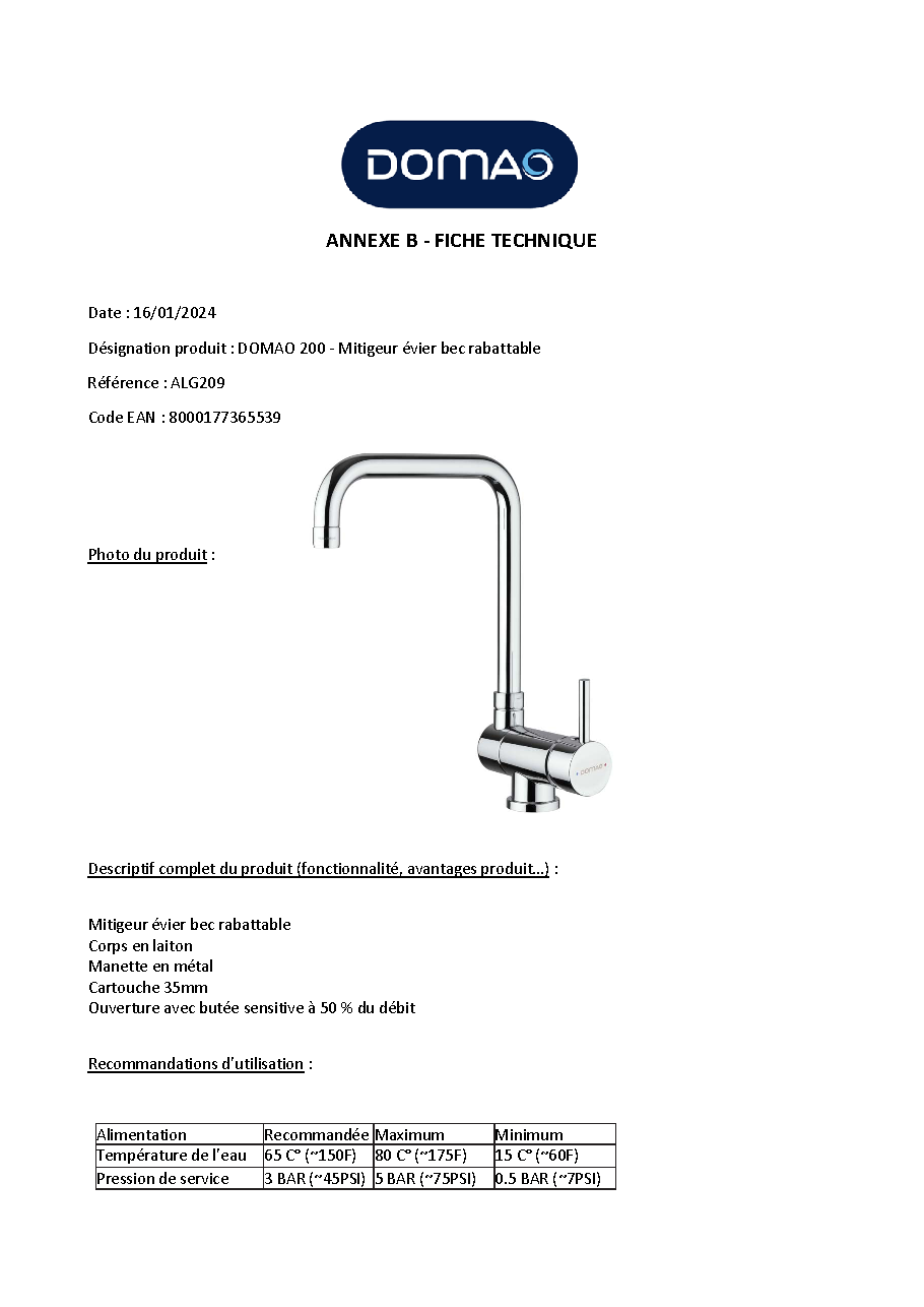 Fiche technique fournisseur