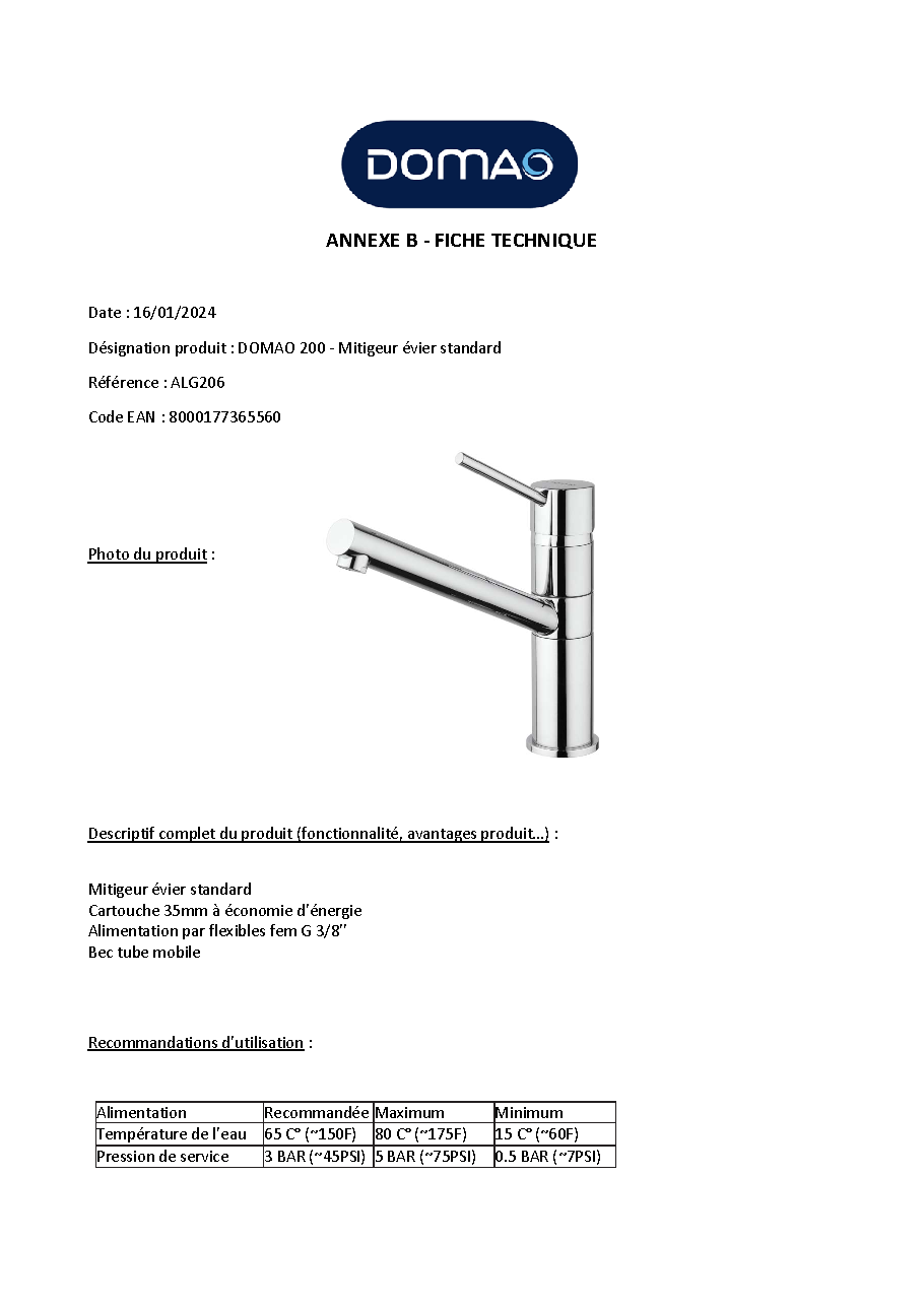Fiche technique fournisseur