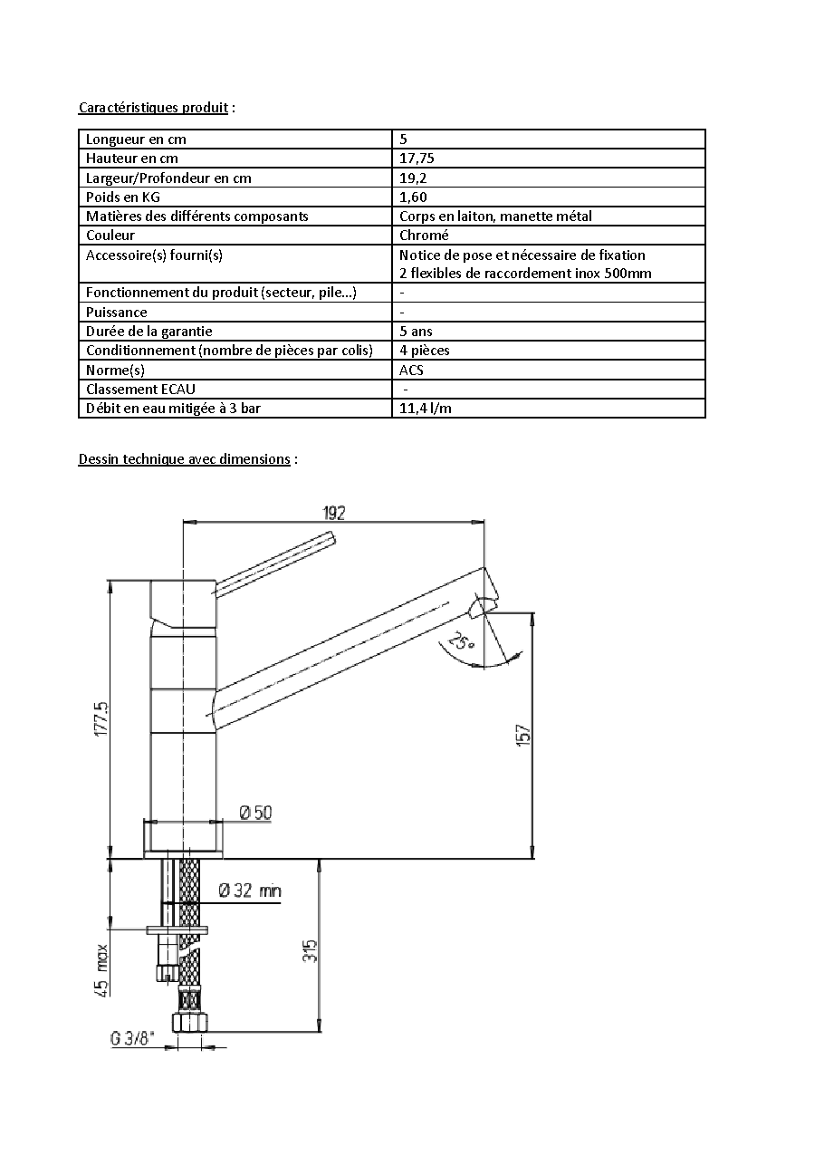 Fiche technique fournisseur