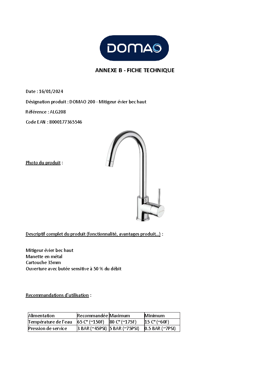 Fiche technique fournisseur