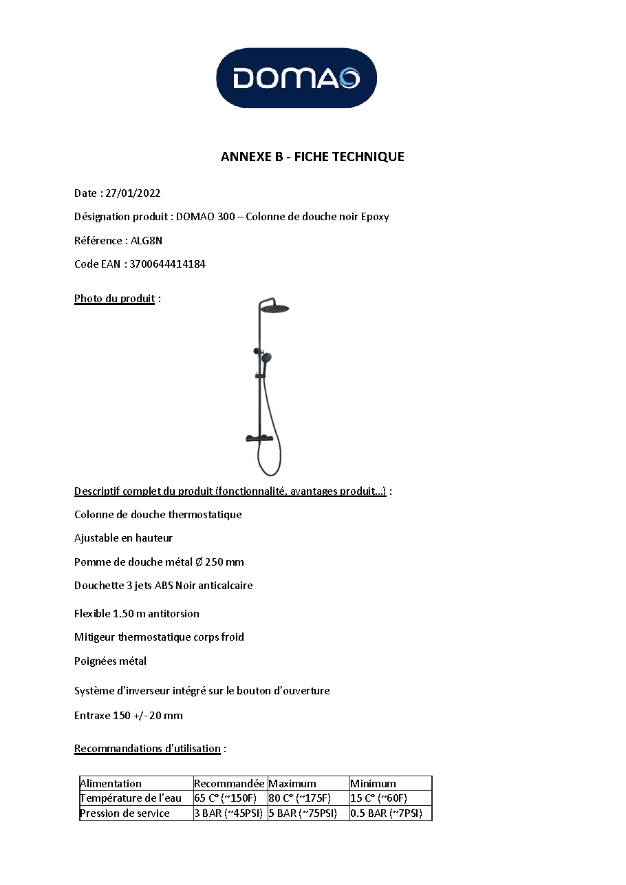 Fiche technique fournisseur