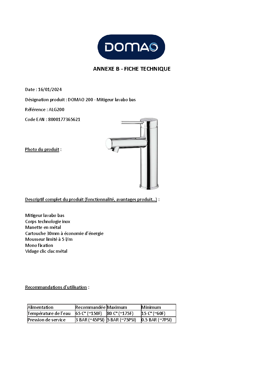 Fiche technique fournisseur